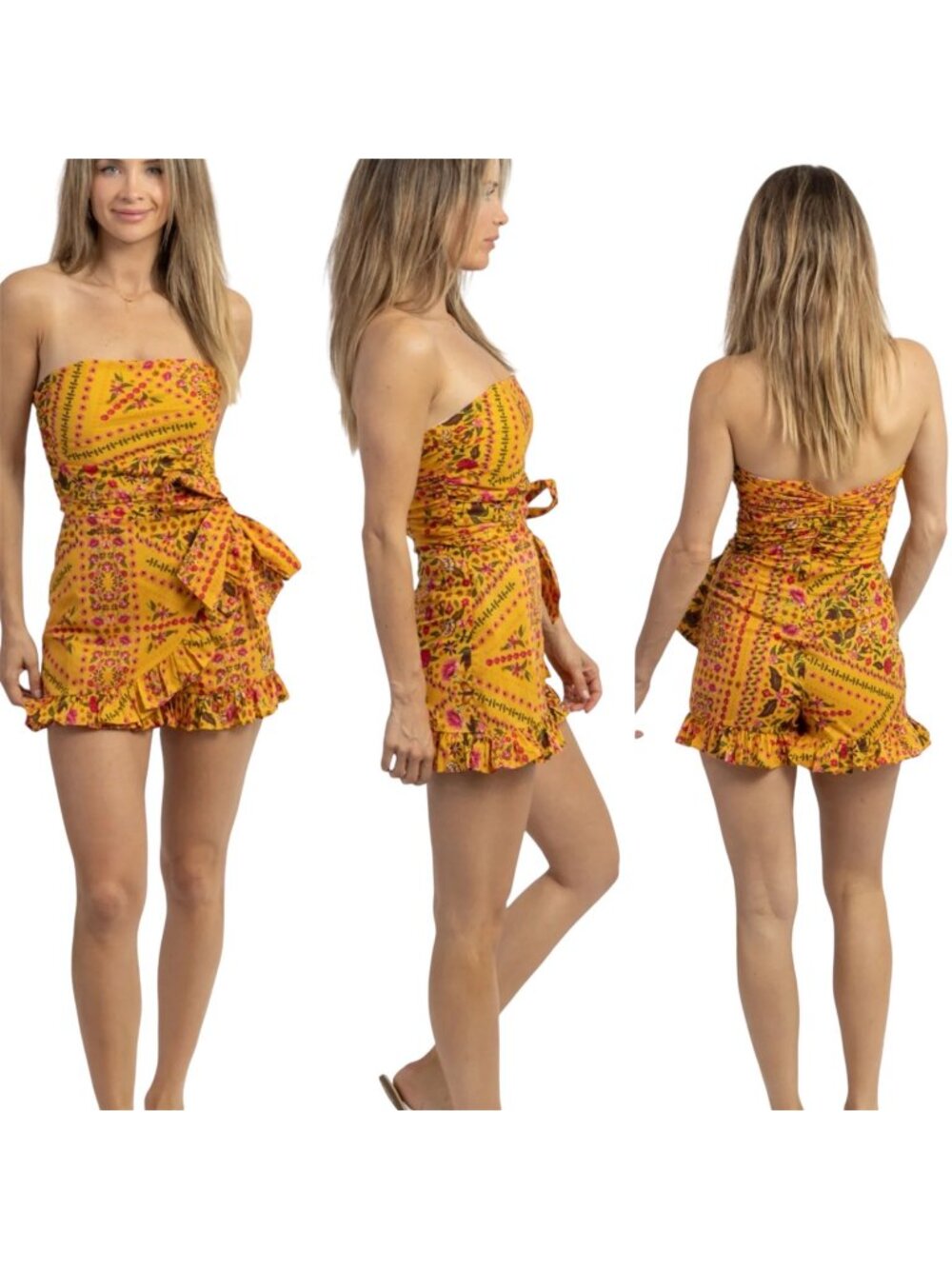 Oliviaceous Mustard Yellow Romper Size Medium Strapless Boned Bust Tie Waist